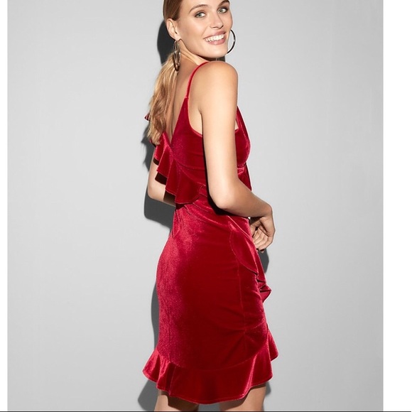 NWT Express Red Velvet Ruffle One Shoulder Dress - Picture 2 of 8